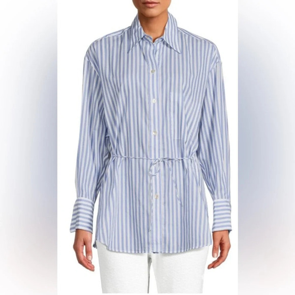 Vince Oversized Striped Long Sleeve Shirt Riviera Blue White Size Large - Picture 1 of 7